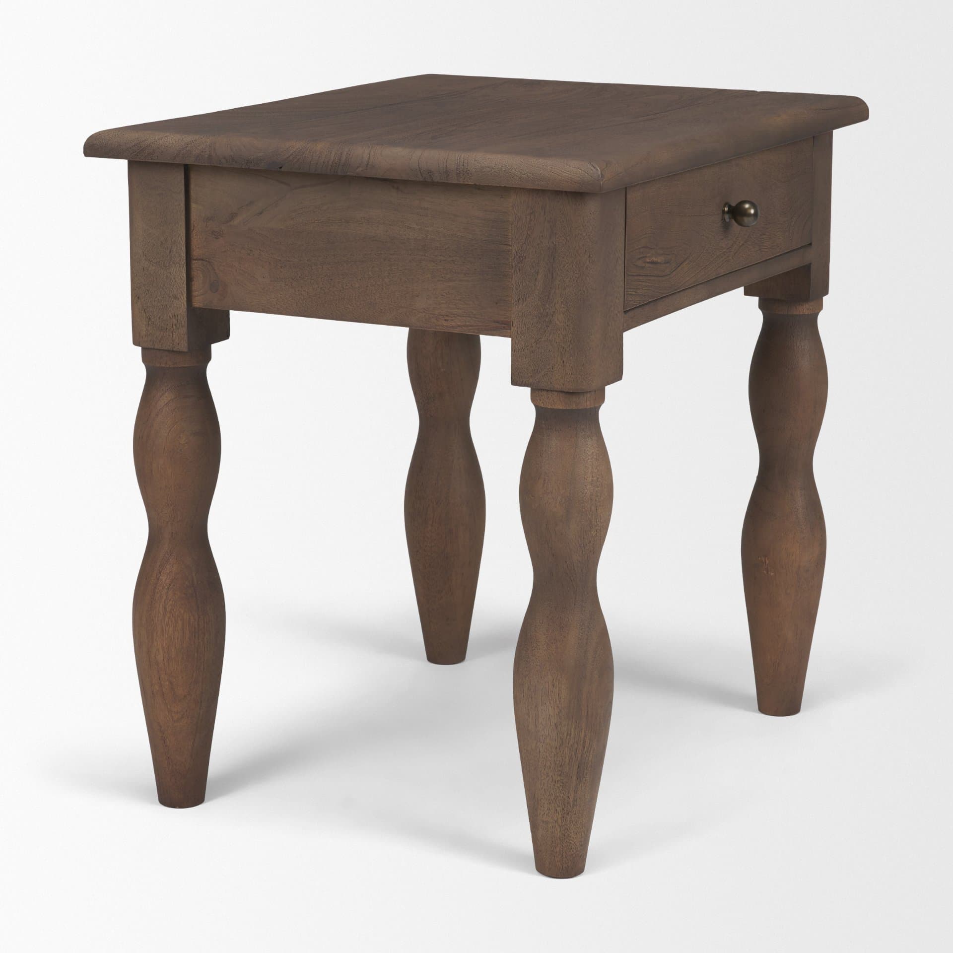 Angeline Spool Turned End Table | Dark Brown Wood | 1 Drawer — product photograph