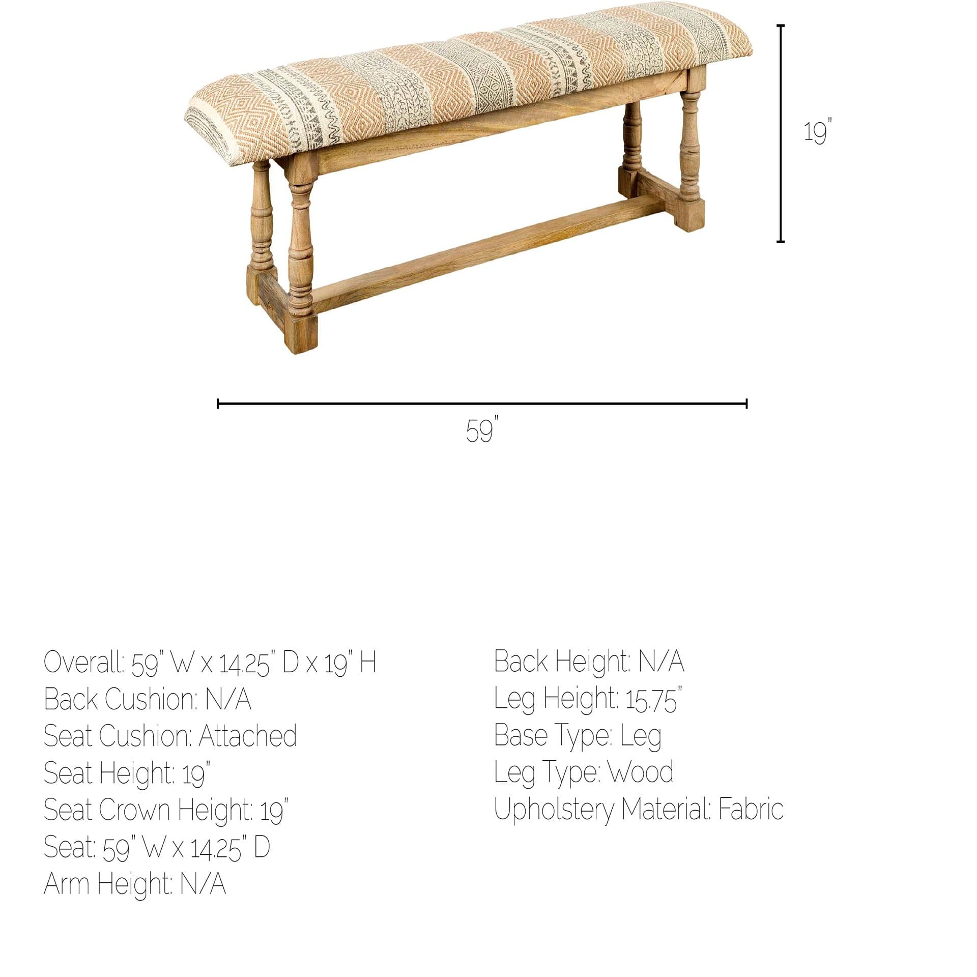 Greenfield II 59L x 14W Patterned Tan Upholstered Wood Frame Accent Bench — product photograph