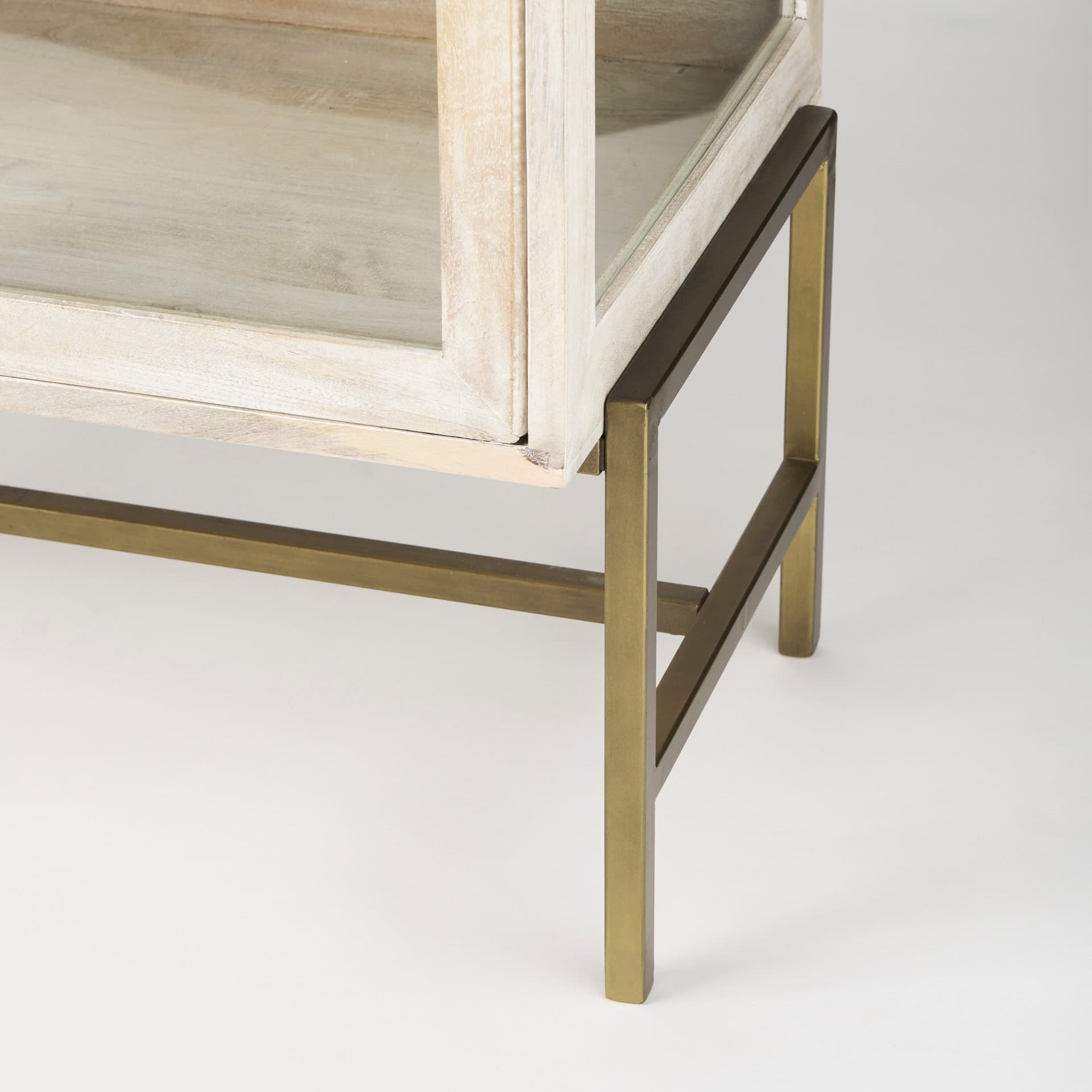 Arelius 36L x 18W x 32H White Wood, Gold Metal Base w/ 2 Glass Doors Accent Cabinet — product photograph
