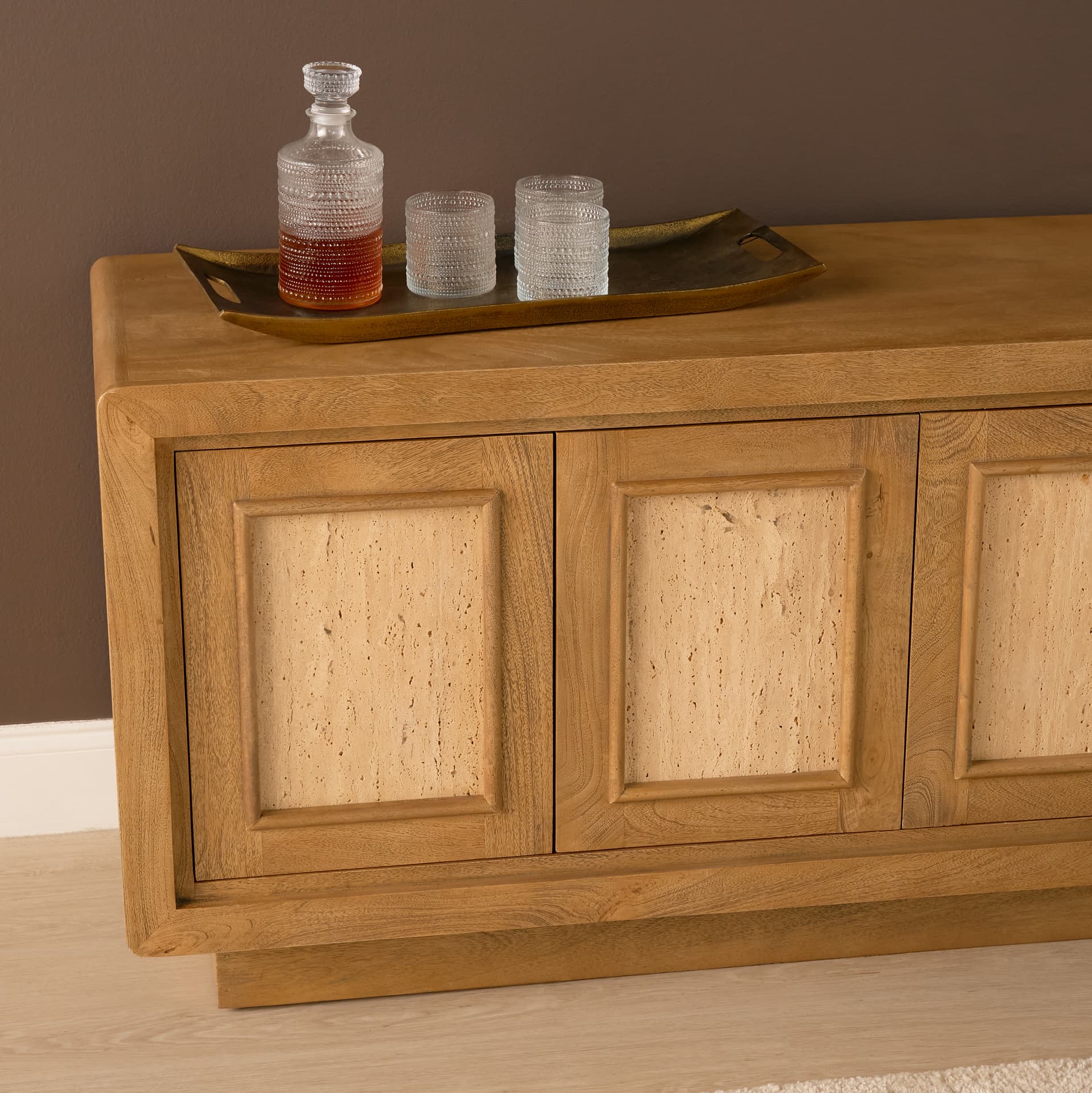 Valterra Light Brown Wood w/ Travertine 6 Door Media Console — product photograph