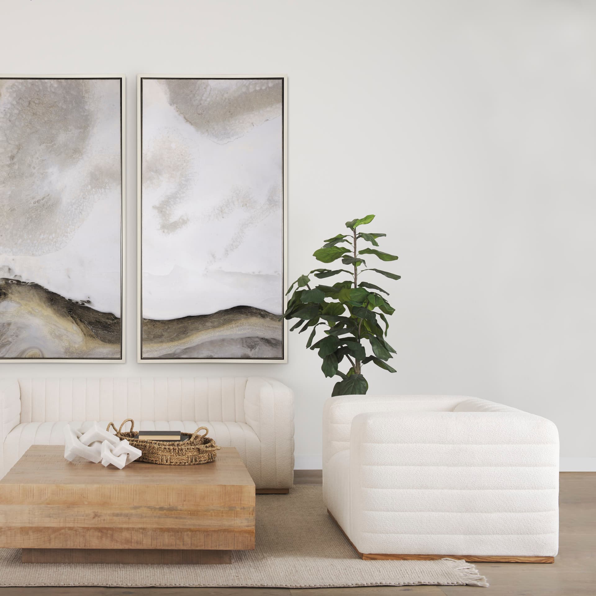 Ricciardo Cream Boucle Upholstered Arm Chair — in a styled room
