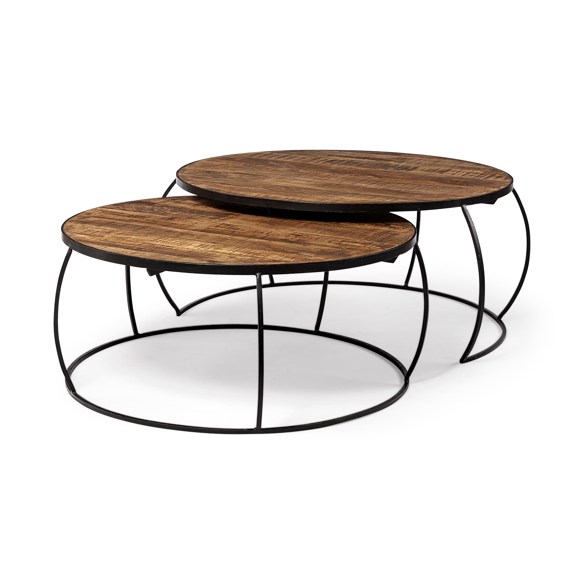 Clapp I Set of 2 (41" & 38") Round Brown Wood Top Black Iron Base Nesting Coffee Tables — product photograph