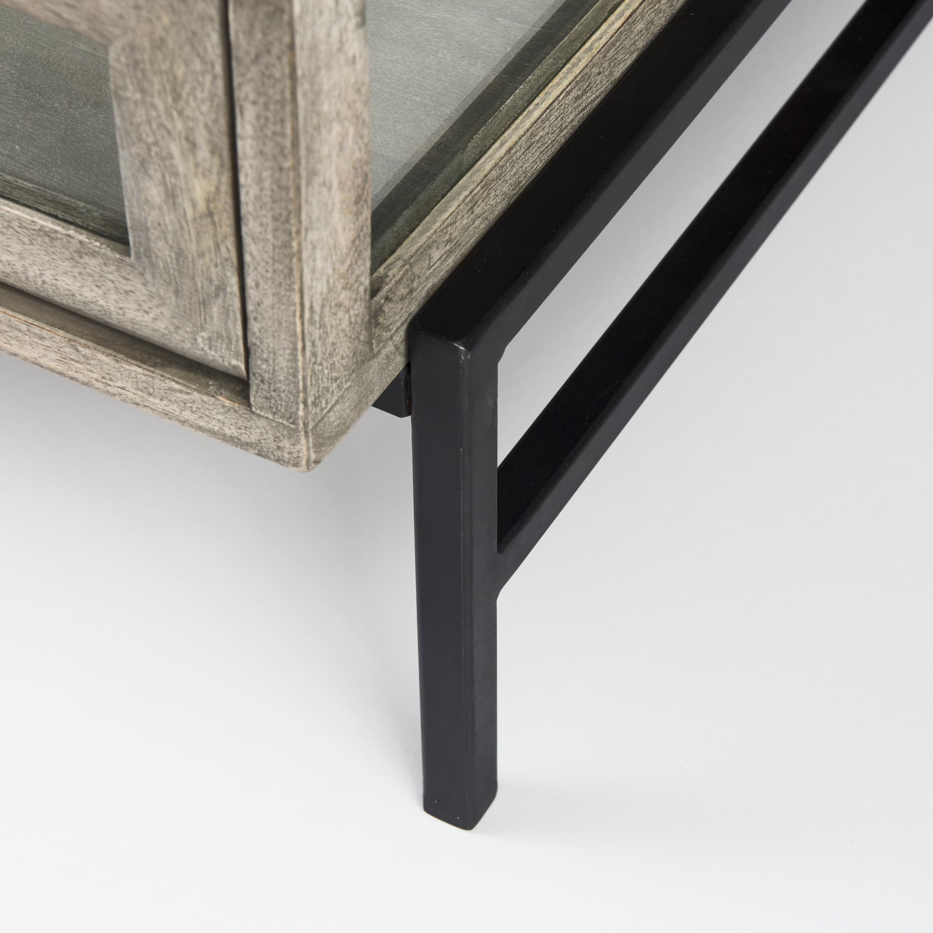 Arelius 42" Square Glass-Top Gray Wood w/ Black Metal Base Display Coffee Table — product photograph