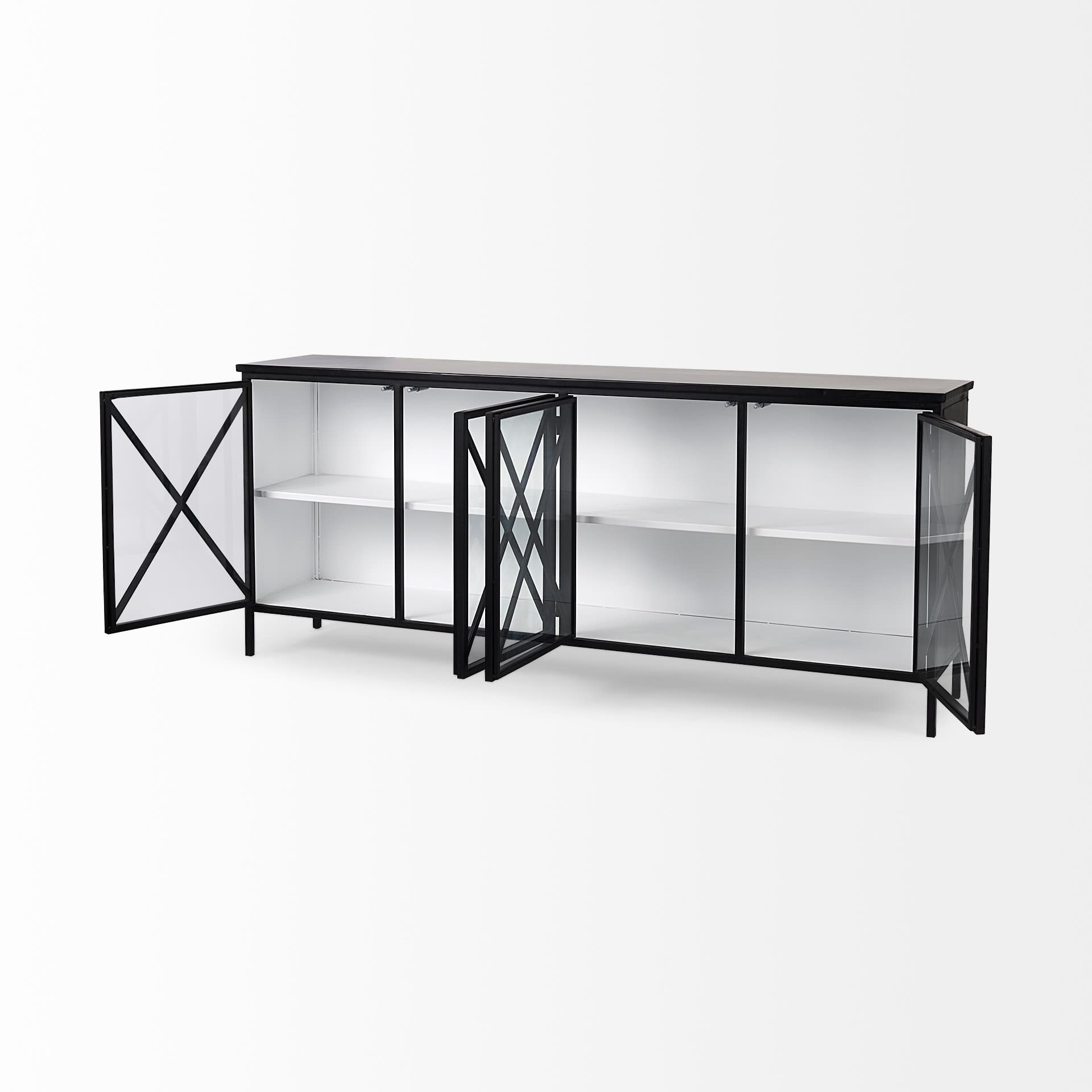 Aurelia 79.0L x 16.0W x 33.0H Black and White Metal Four Door Glass Cabinet — product photograph
