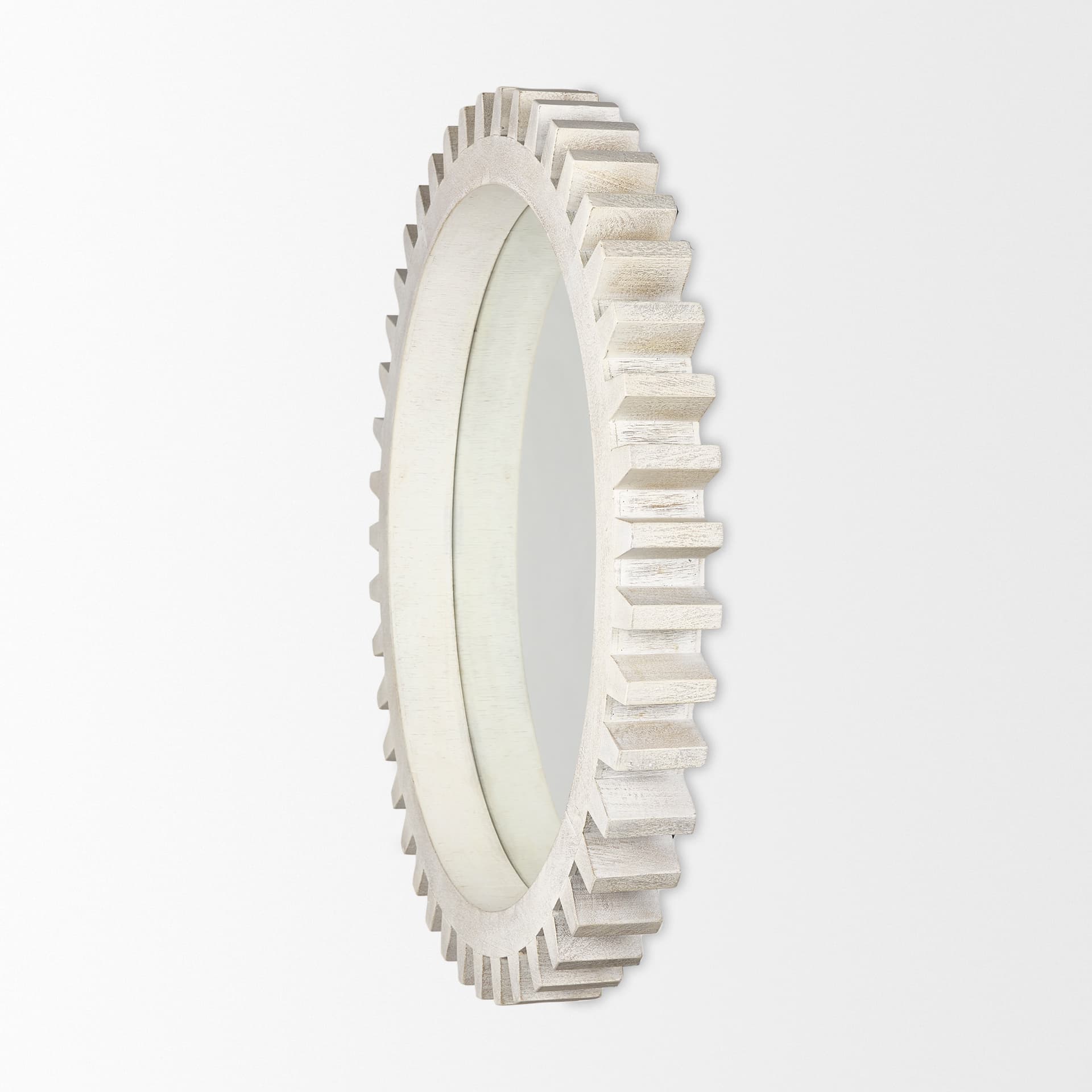 Sundance Cog 35.5" Round Whitewashed Wood Frame Mirror — product photograph