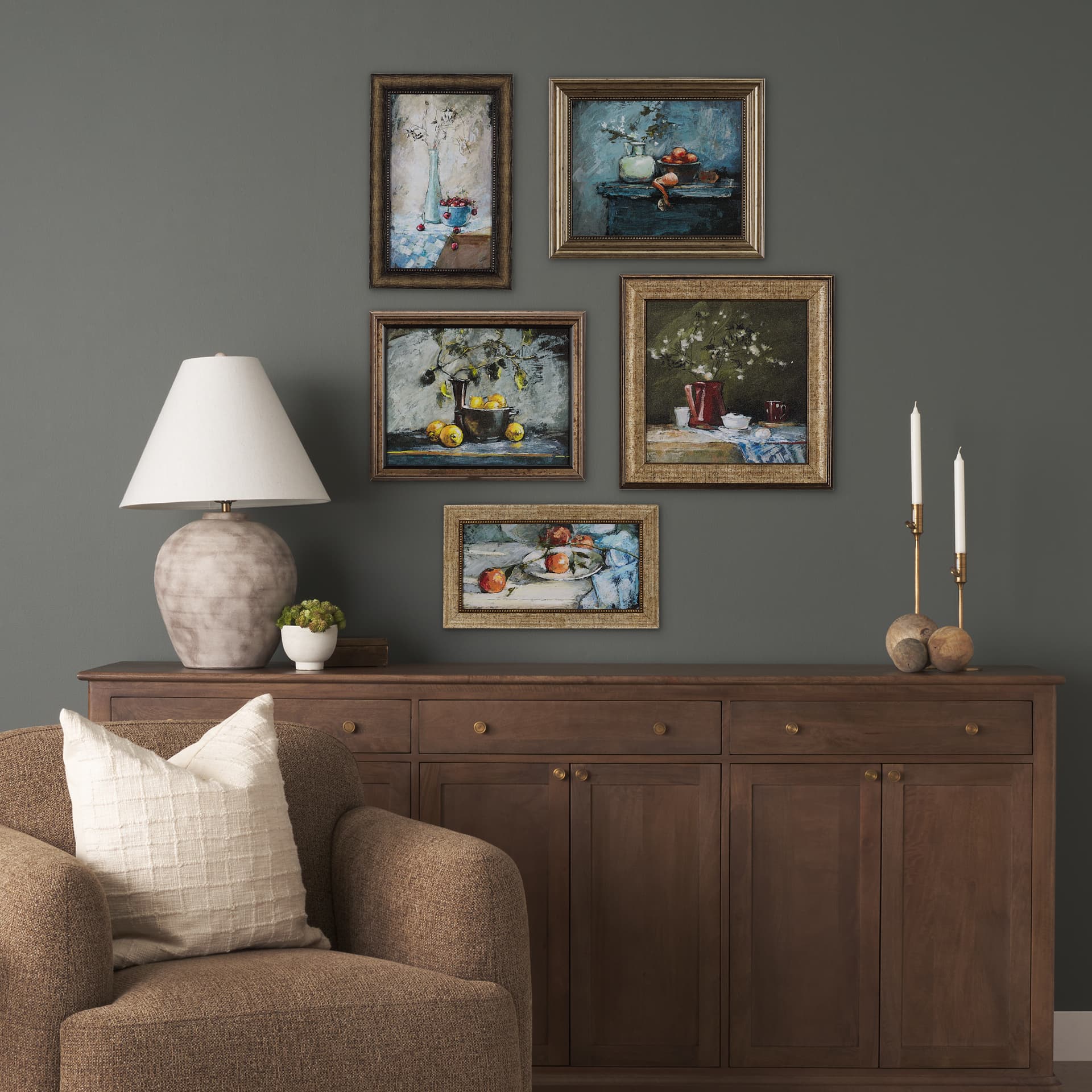 Still Life with Tangerine by Mercana Studio a Hand Embellished Textured Framed Art Print — in a styled room