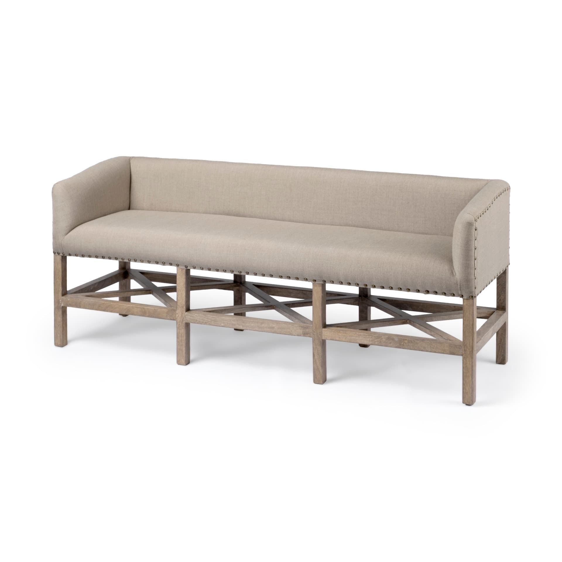 Bergen 60L x 19W Beige Fabric Covered Seat W/Brown Wood Frame Accent Bench — product photograph