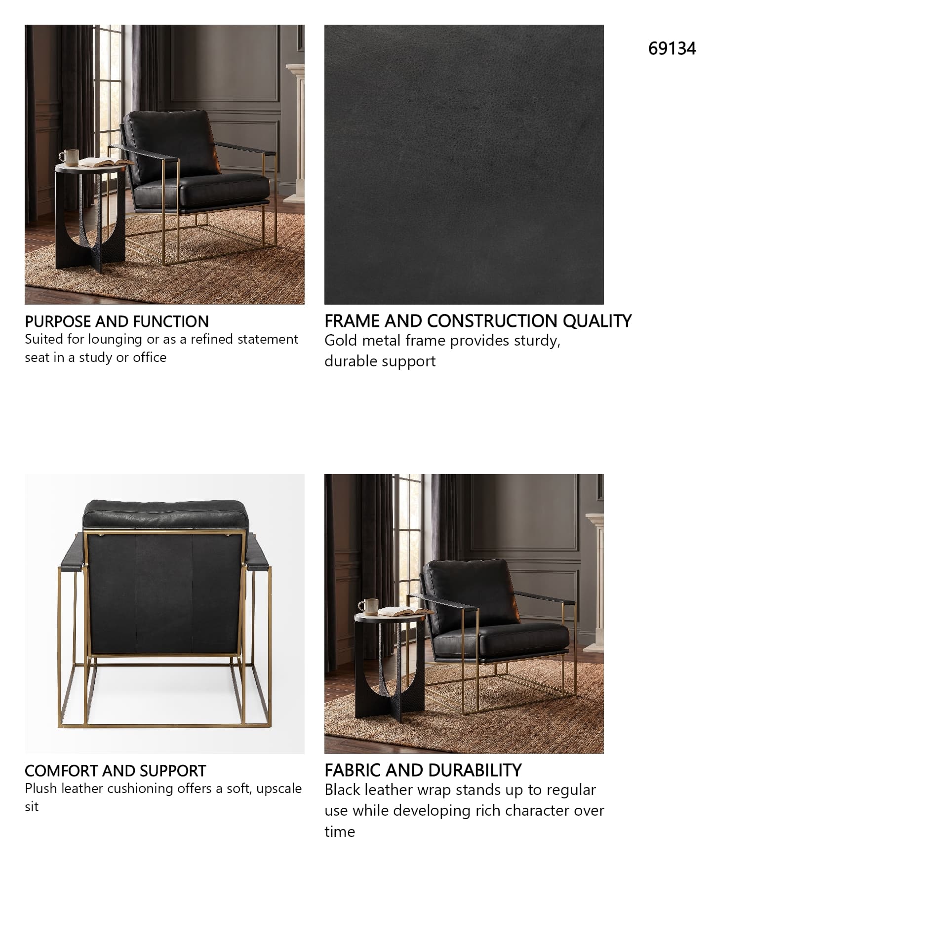 Watson Black Leather Wrap Gold Metal Frame Accent Chair — in a styled room