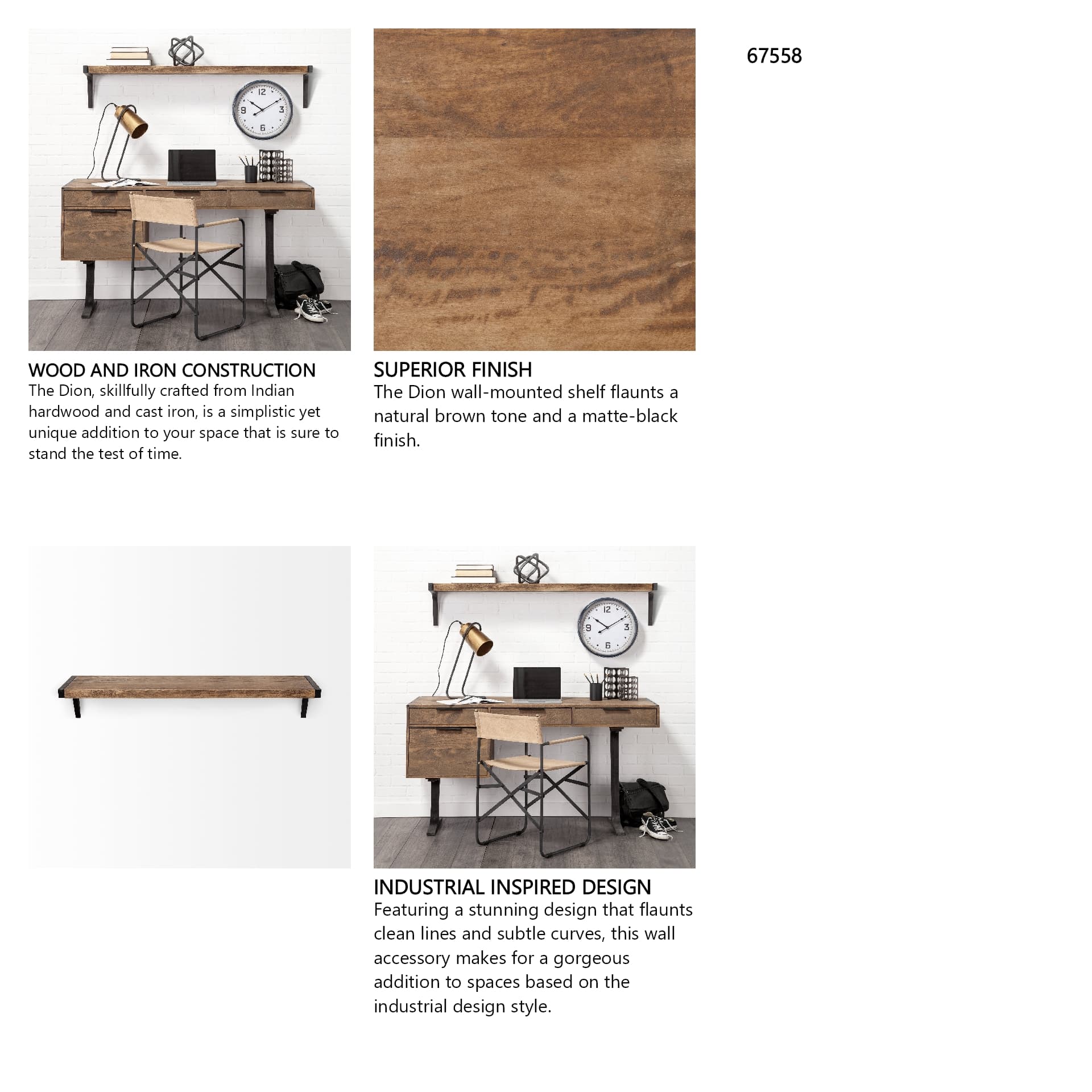 Dion I 58.0L x 11.0W x 11.0H Brown Wood W/Black Metal Wall Shelf — in a styled room