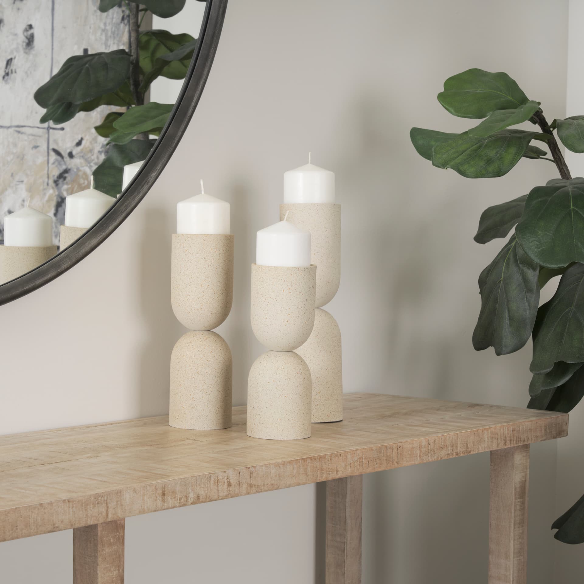 Qamra Short Beige Textured Metal Pillar Candle Holder — product photograph