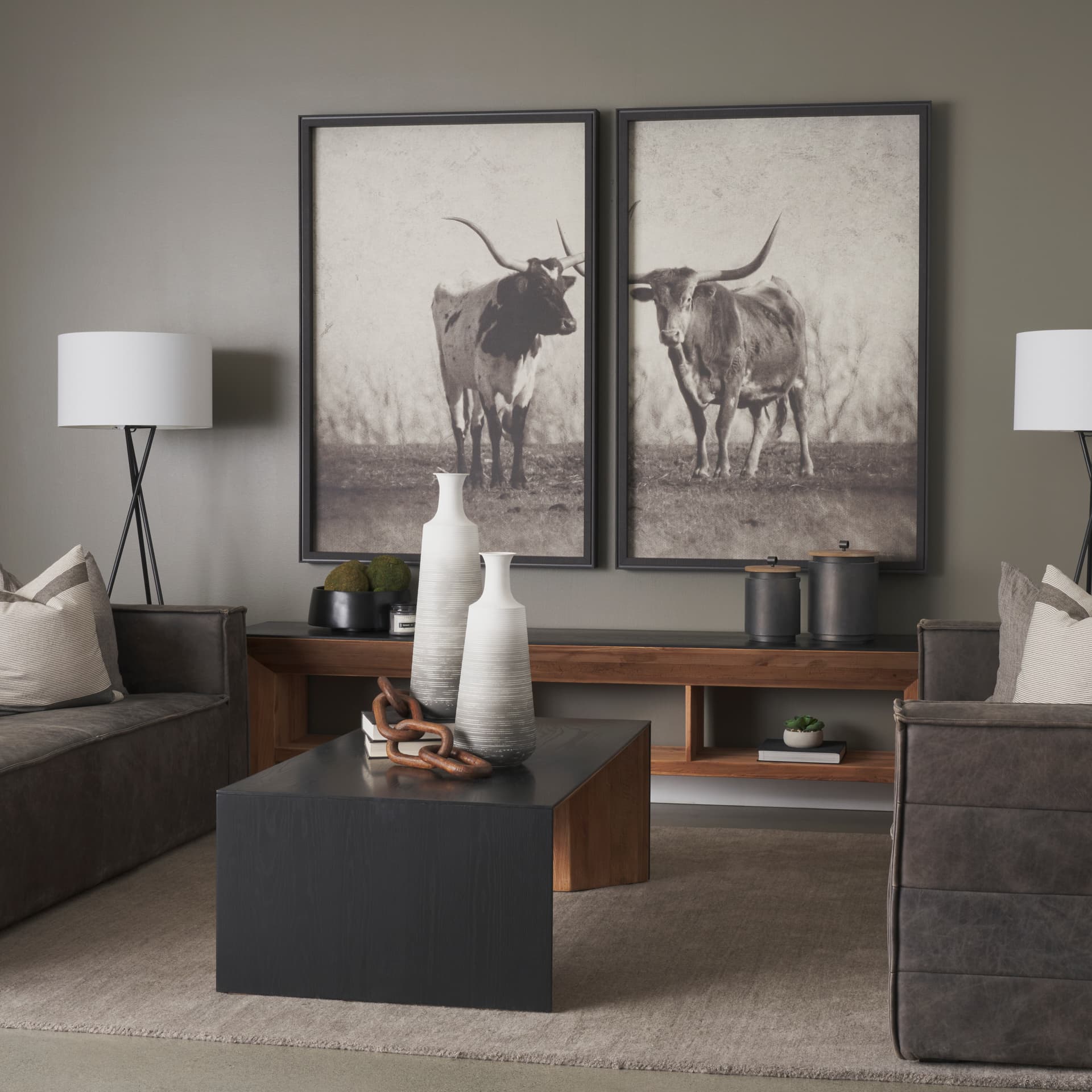 Toru Medium White w/ Grey Ombre Metal Vase — in a styled room