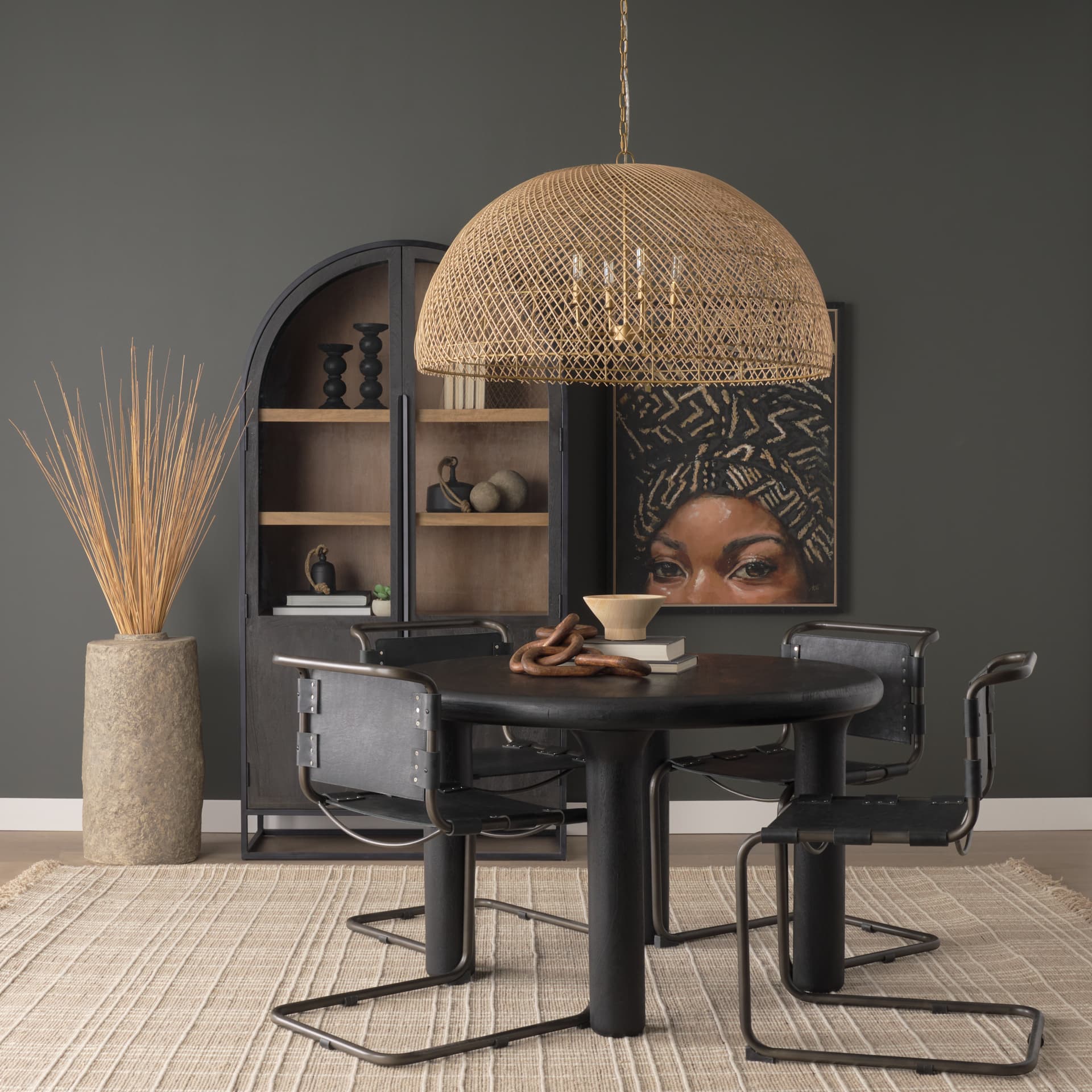 Thad 4-Light Natural Woven Rattan Dome Chandelier — in a styled room