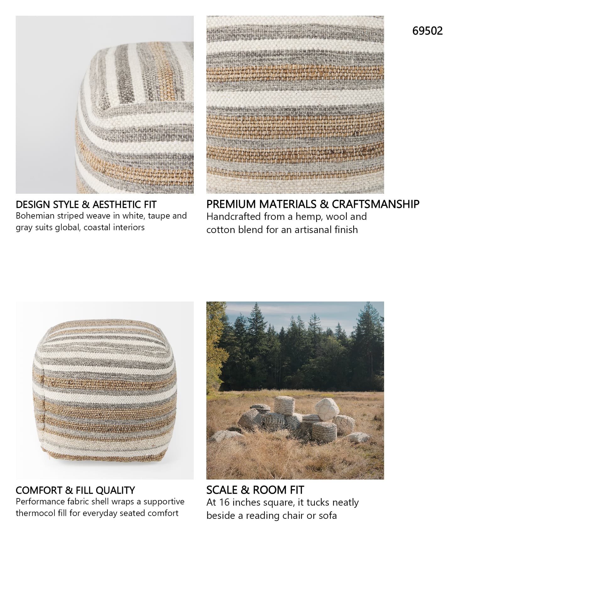 Aahana 16.0L x 16.0W x 16.0H White/Taupe/Gray Striped Hemp and Cotton Pouf — in a styled room