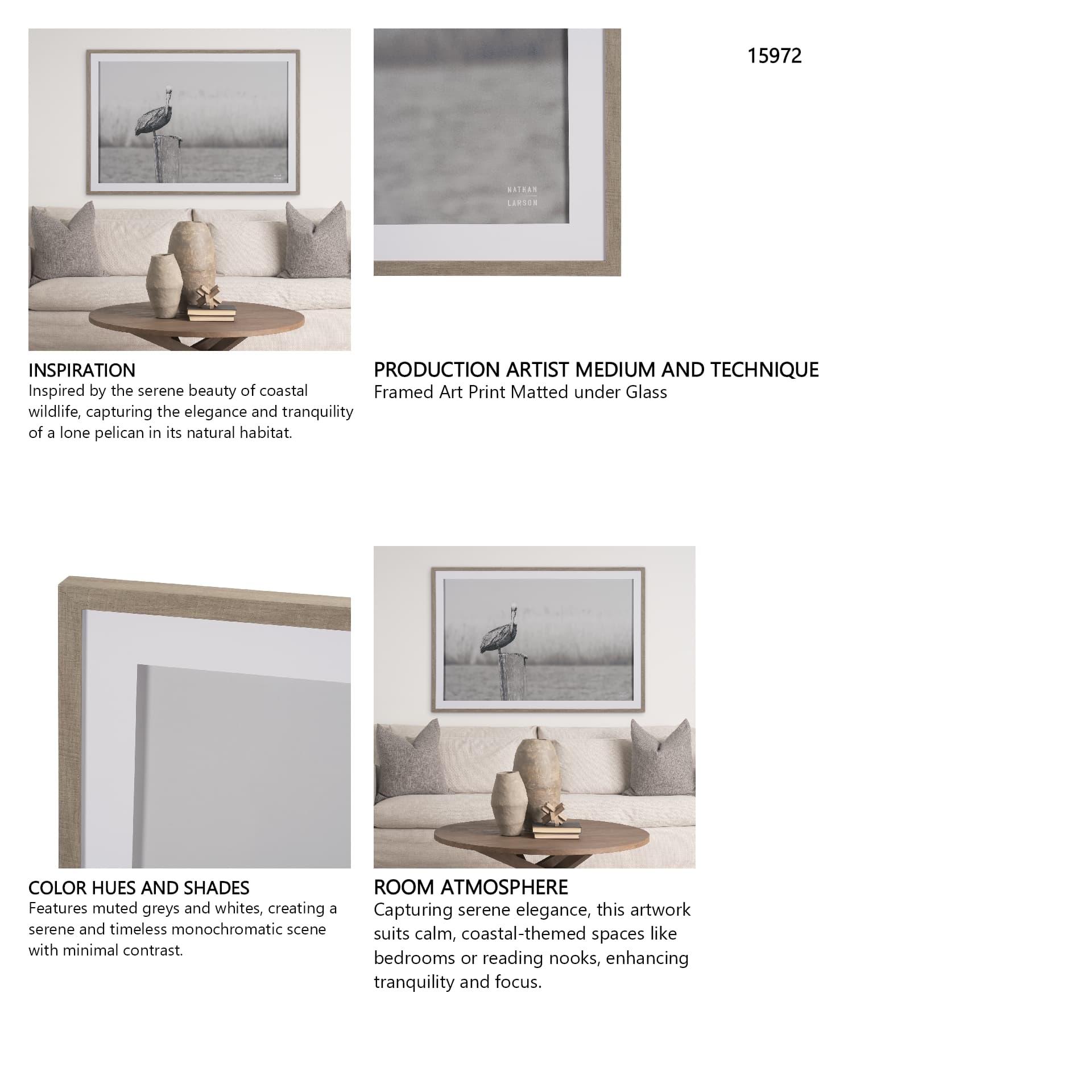 Pelican Stories by Nathan Larson Framed Art Print Matted under Glass — in a styled room