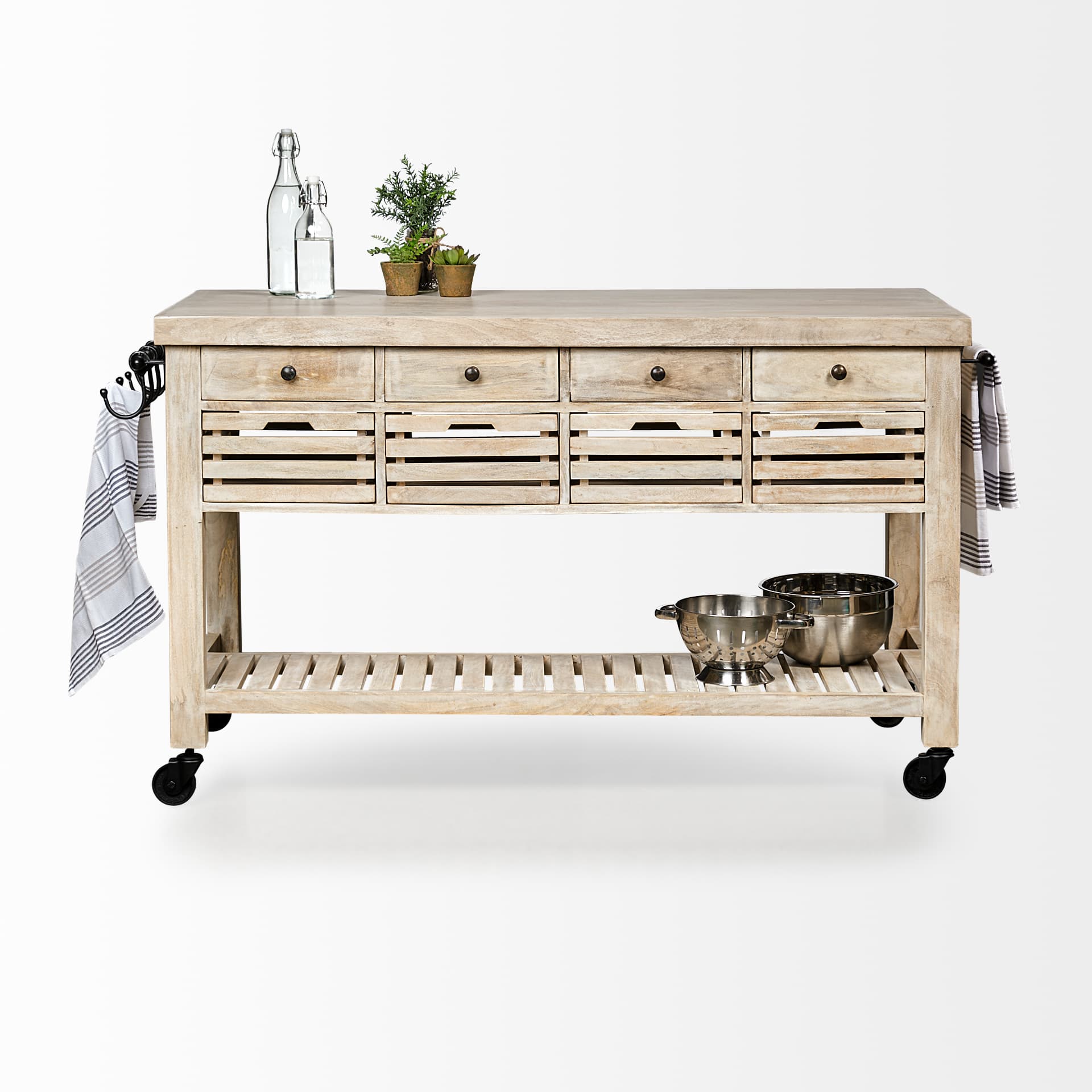 Columbia 62L x 28W x 36H I Light Brown Body w/ Black Iron Knobs Rolling Kitchen Island — in a styled room