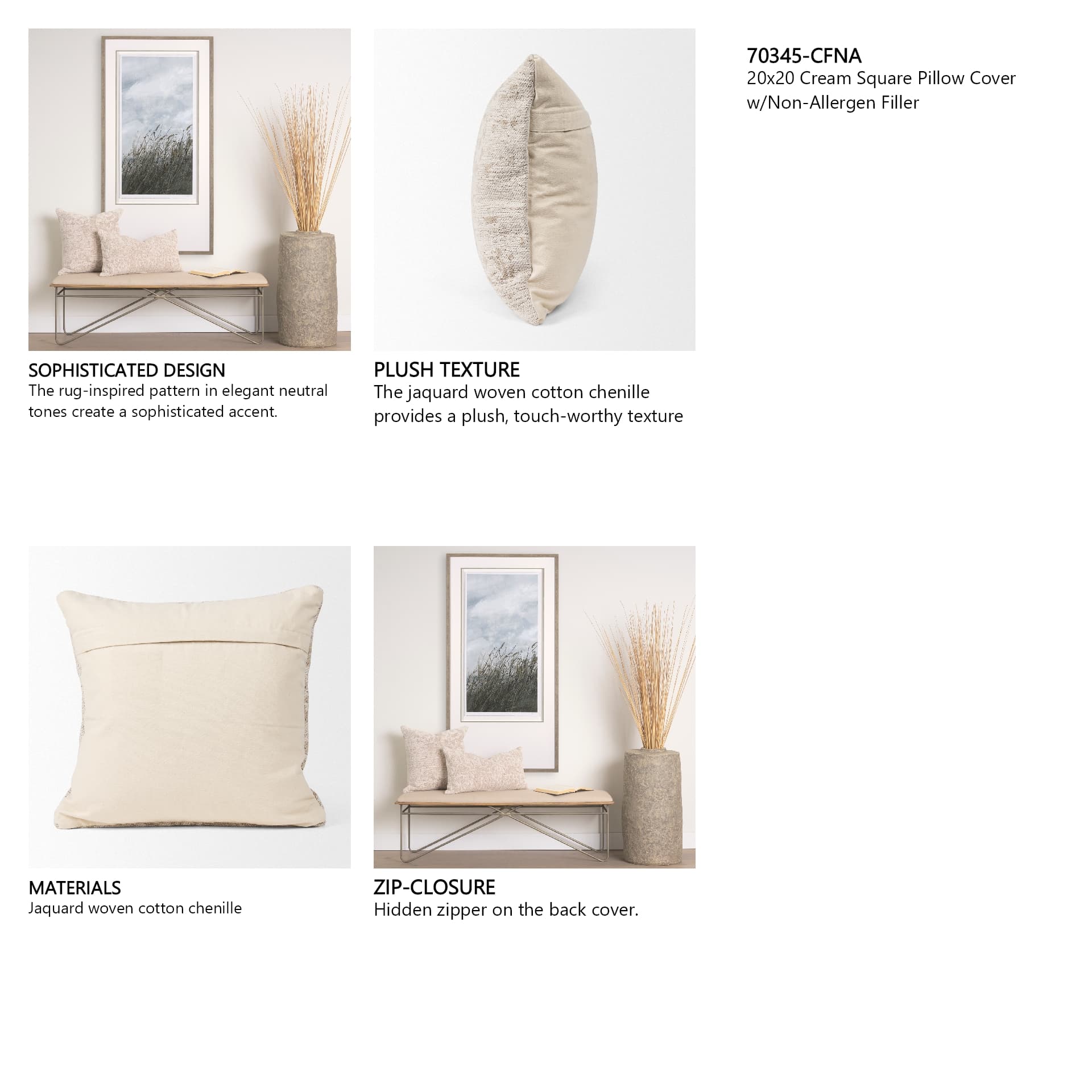 Khloe 20x20 Cream Square Pillow Cover w/Non-Allergen Filler — in a styled room