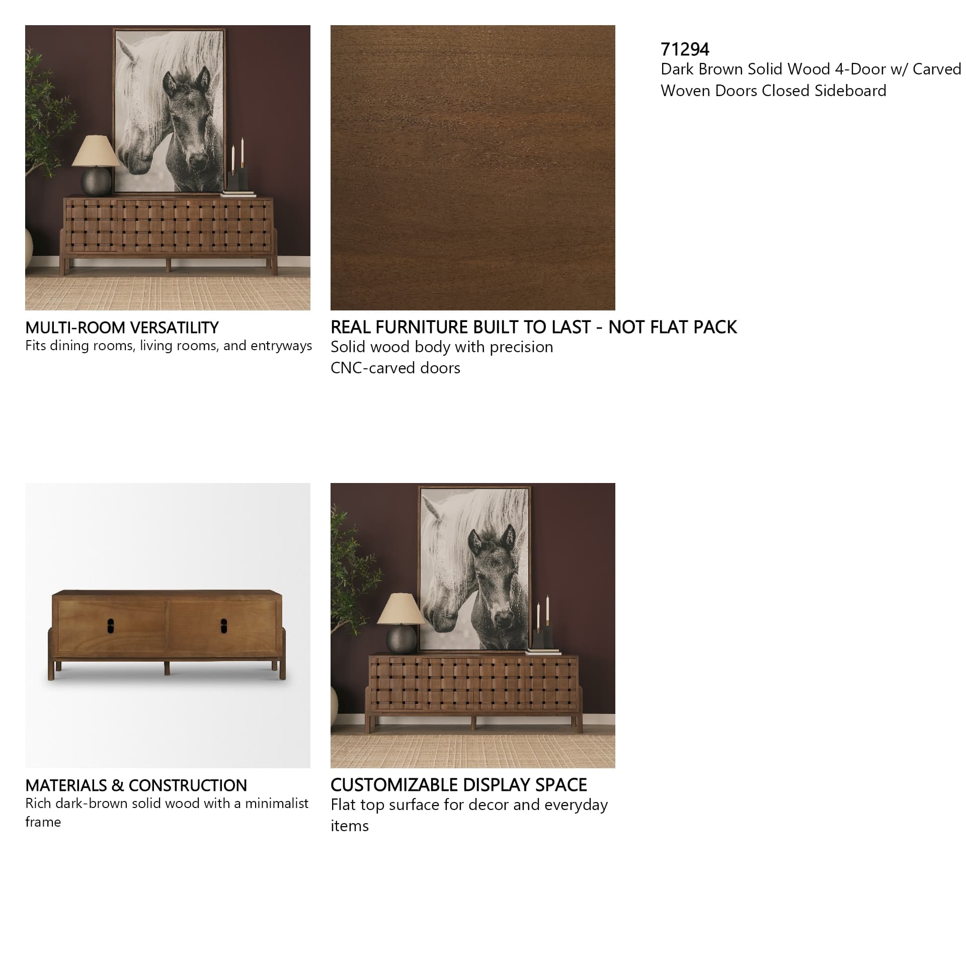 Trellyn Dark Brown Solid Wood 4-Door w/ Carved Woven Doors Closed Sideboard — in a styled room