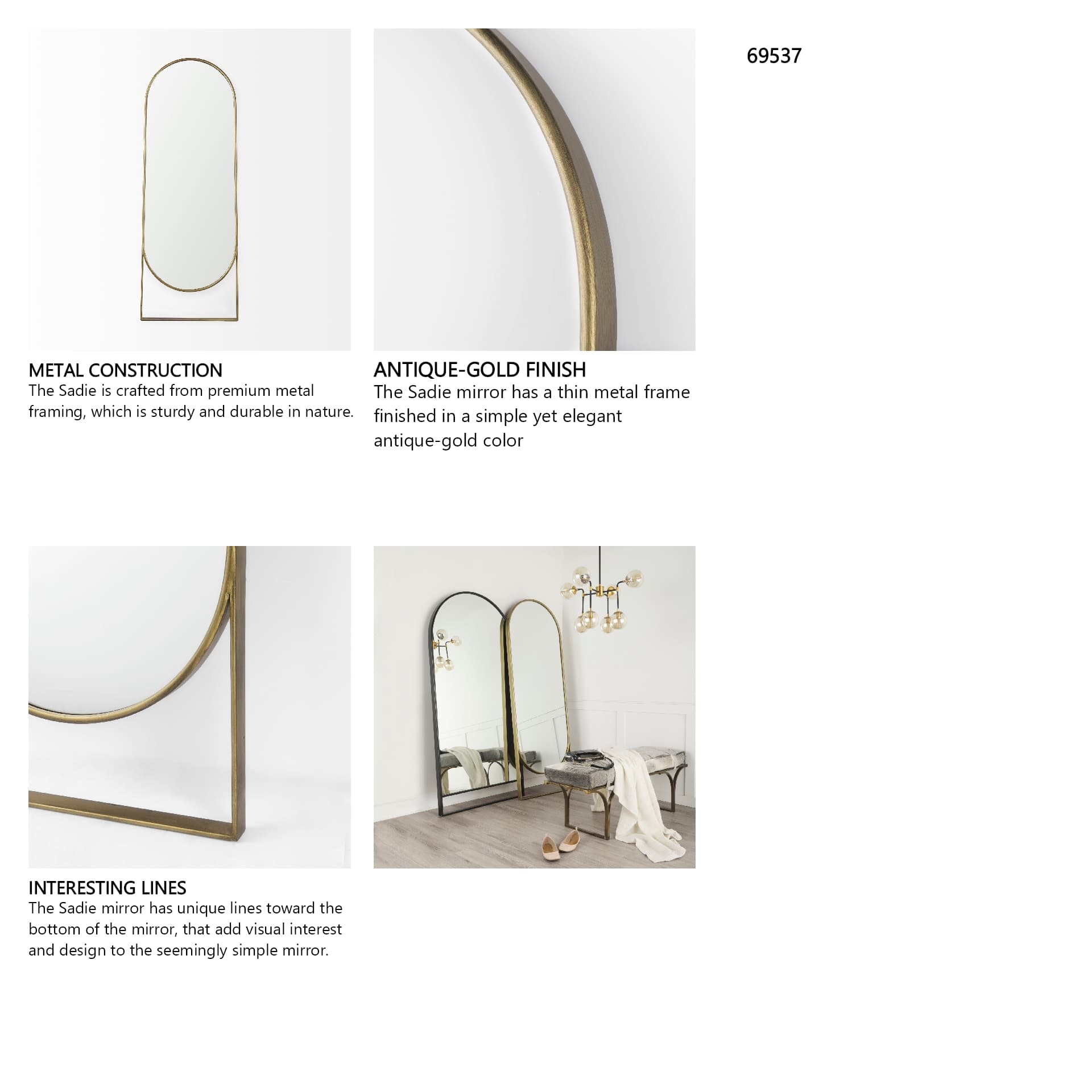 Sadie 28.0L x 2.0W x 78.0H Antique Gold Rounded Arch Floor Mirror — product photograph