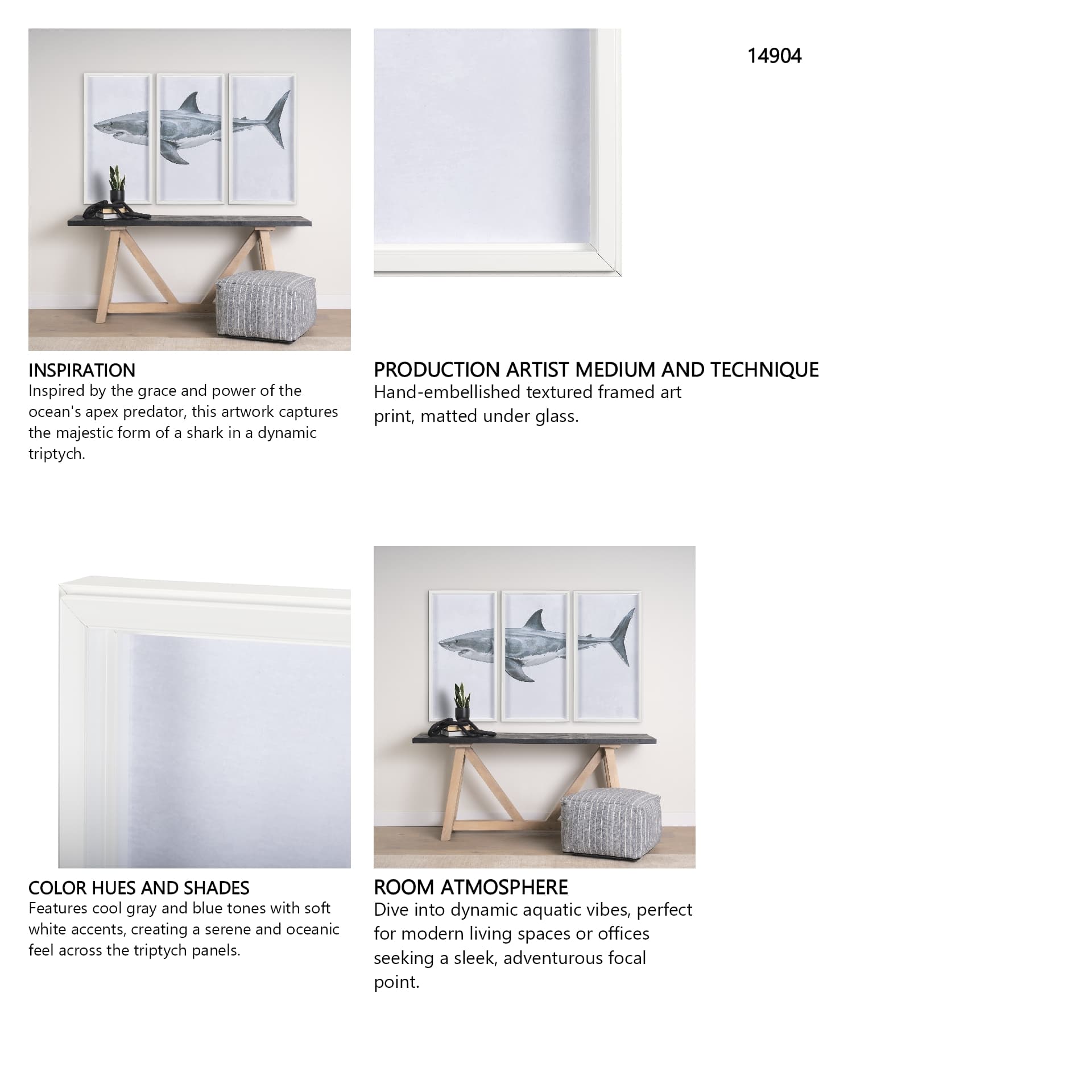 Great White Shark by Ariana a Triptych Hand Embellished Textured Framed Art Print Matted under Glass — in a styled room