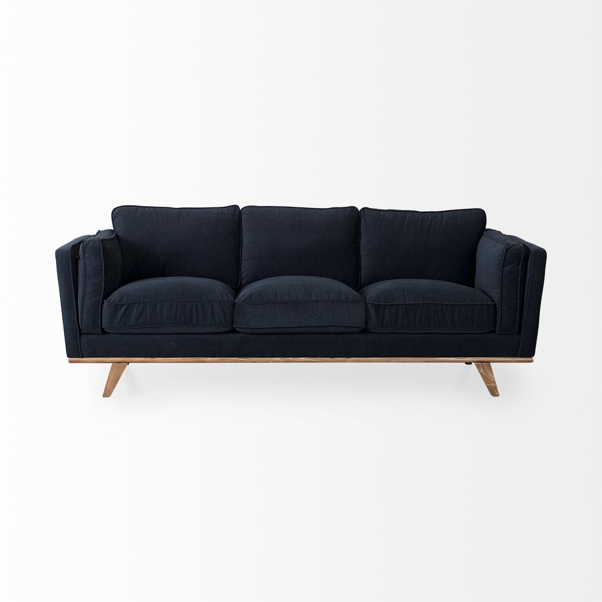 Brooks 90.2L x 34.8W x 33.5H Navy Blue Fabric Three Seater Sofa W/ Medium Brown Wooden Legs — product photograph