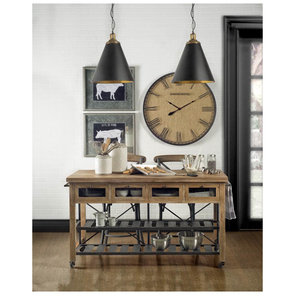 Stuart I Brown Solid Wood Top Two-Tier Black Metal Rolling Kitchen Island — in a styled room