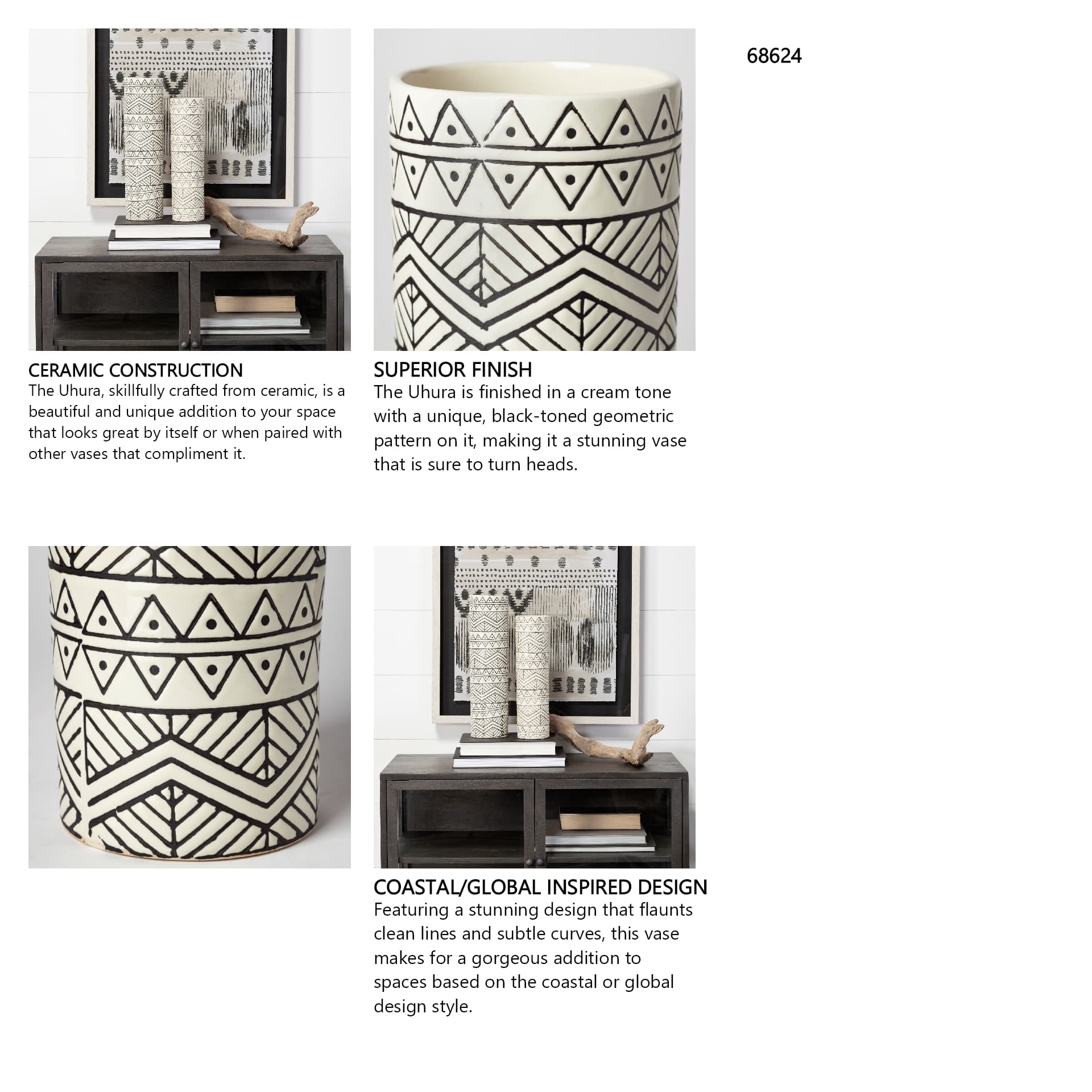 Uhura II Large Cream Black Patterned Cylindrical Ceramic Vase — in a styled room