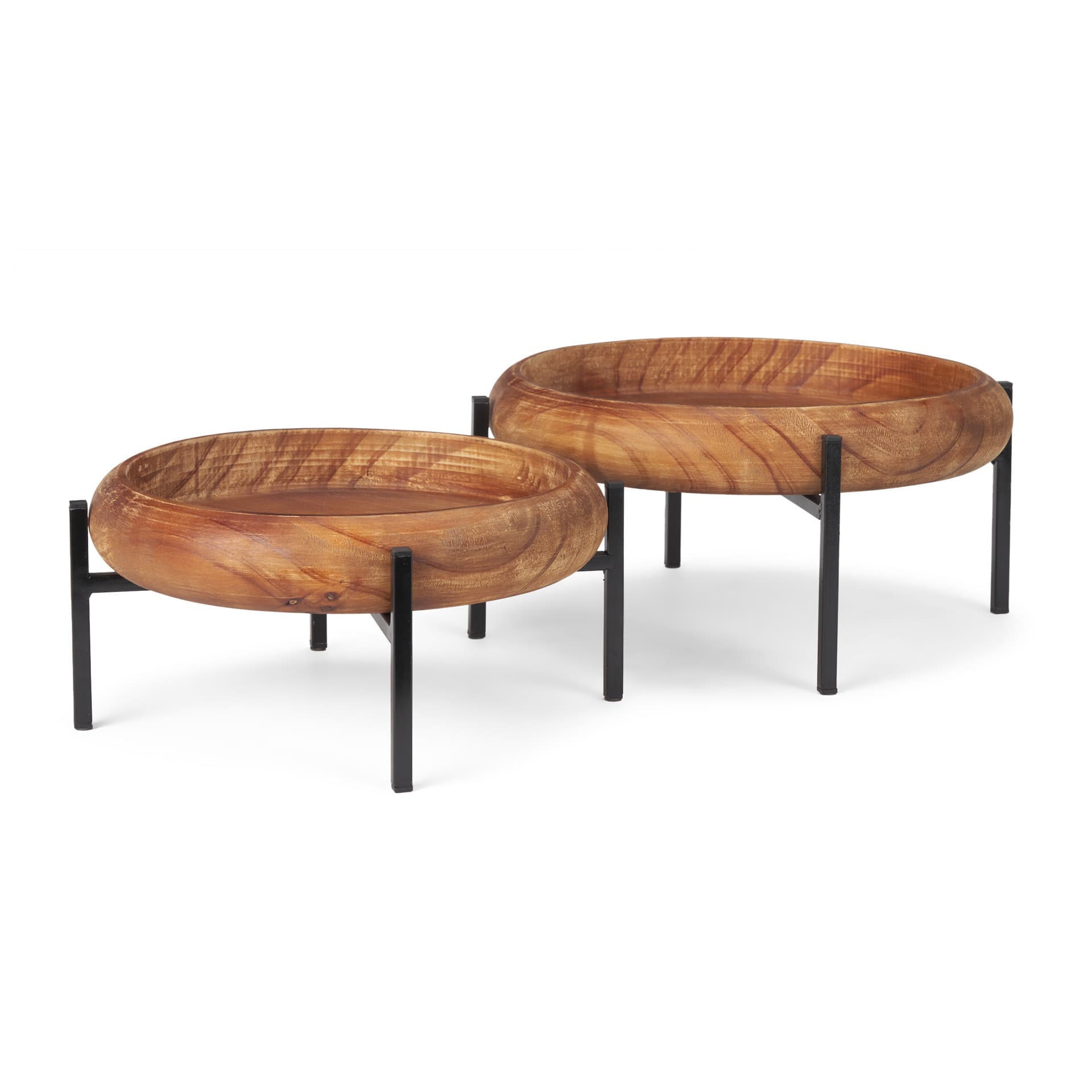 Wally Round Medium Brown Wood w/ Matte Black Metal Stand Trays — product photograph