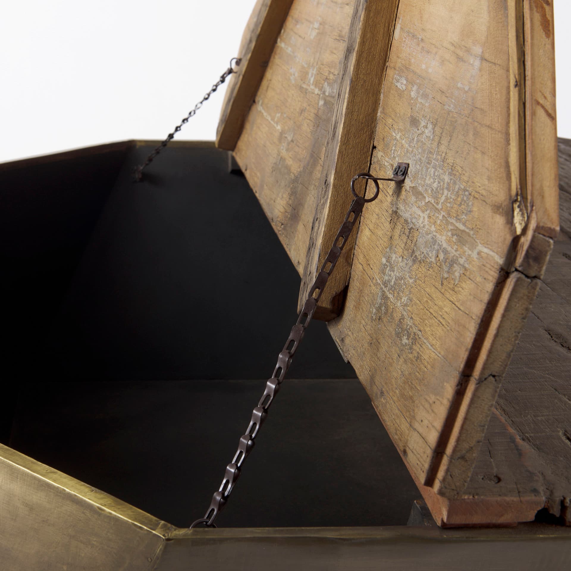 Esagono Octagonal Gold Metal-Clad Reclaimed Wood Coffee Table w/ Storage — product photograph