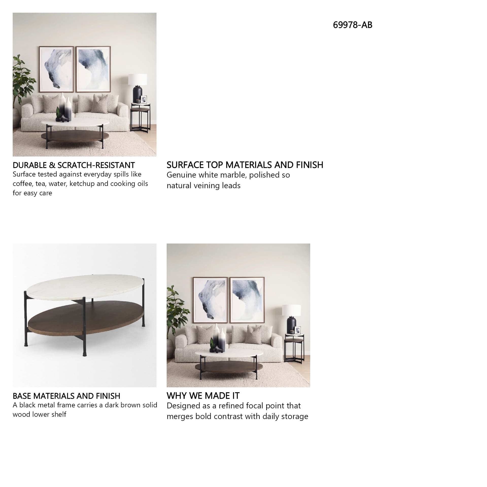 Larkin White Marble Top w/ Dark Brown Wood Shelf Oval Coffee Table — in a styled room