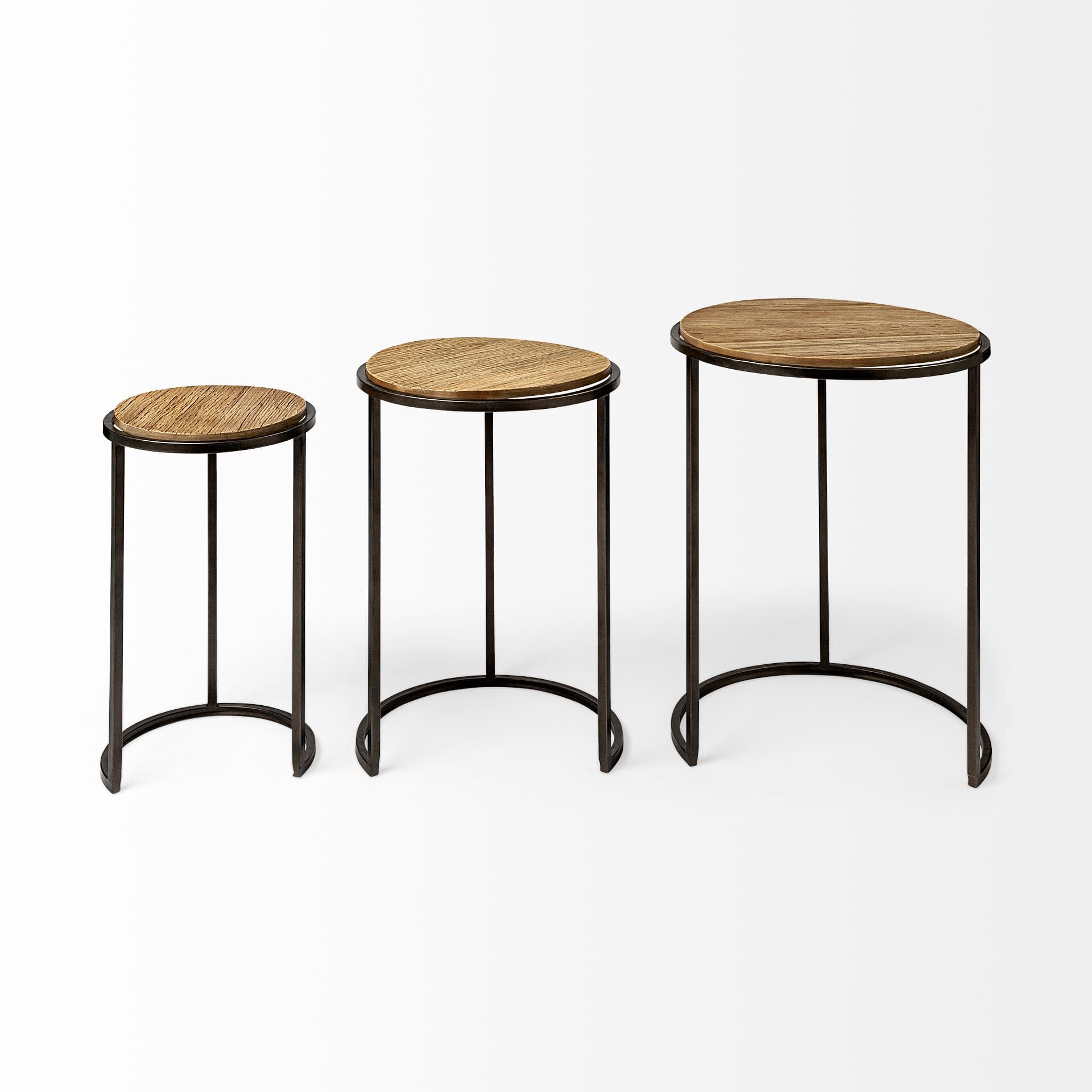 Glover (Set of 3) 20L x 20W Brown Wood Round Top W/Metal Nesting Accent Tables — product photograph
