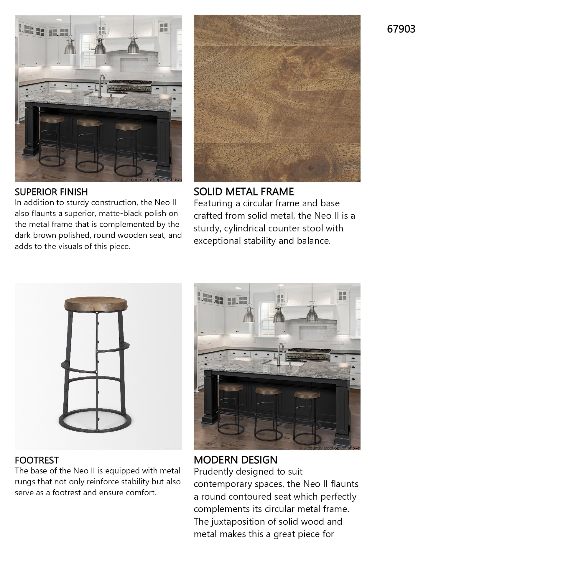 Neo Backless 26.3in Seat Counter Stool | Brown Wood w/ Black Metal — product photograph