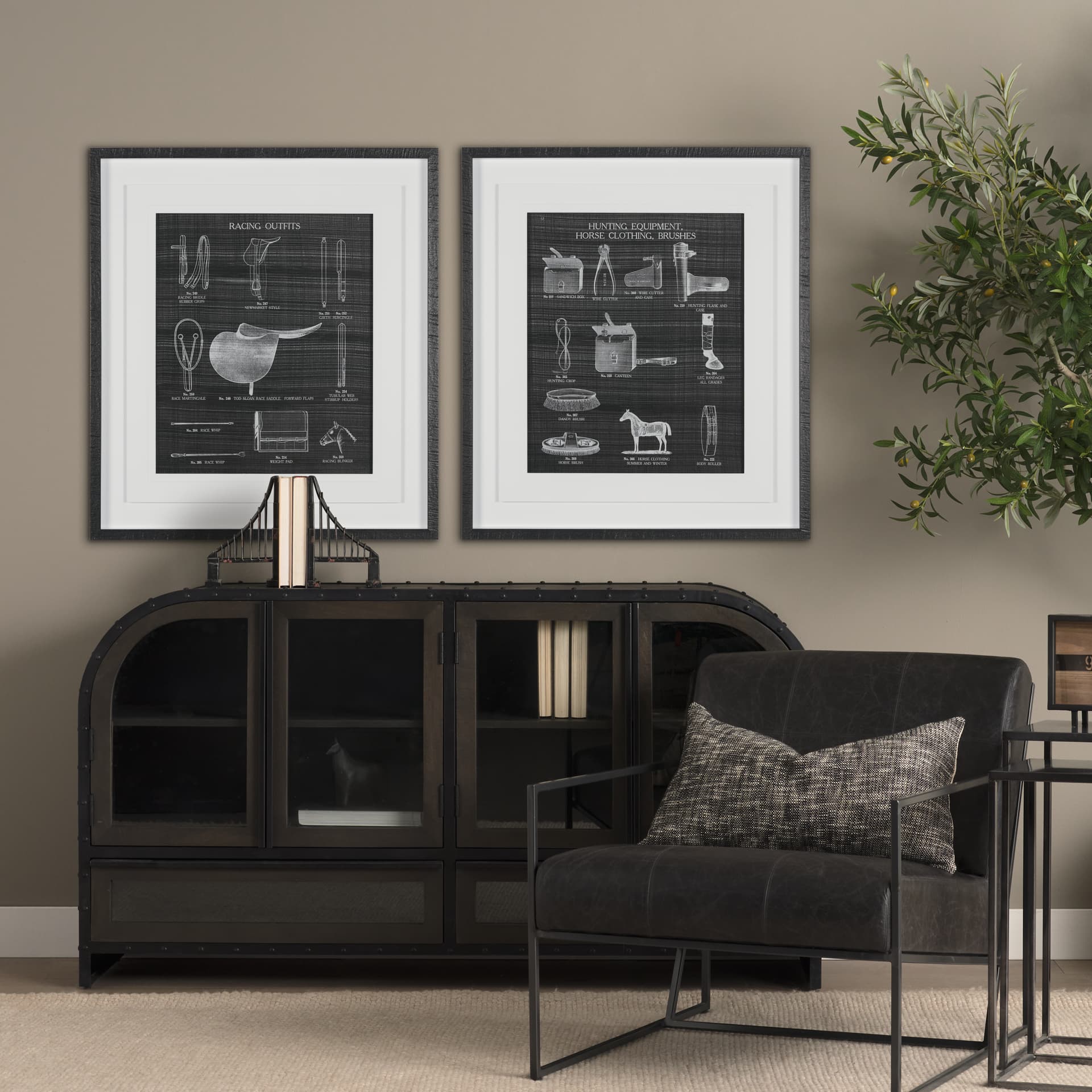 Equestrian Riding III BW by Mercana Studio Hand Embellished Framed Art Print Matted under Glass — in a styled room