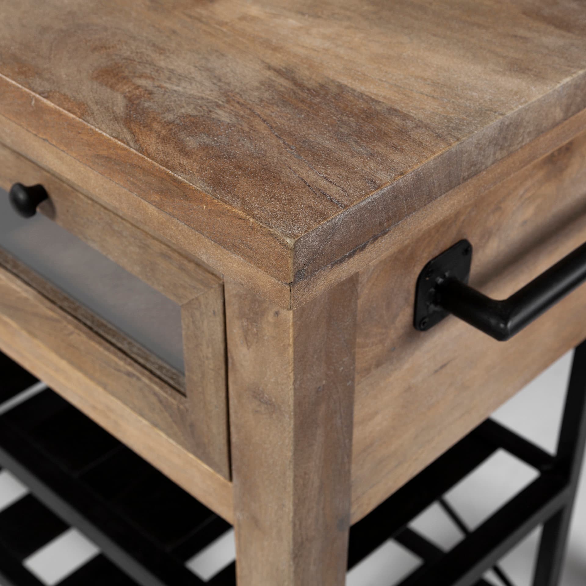 Stuart I Brown Solid Wood Top Two-Tier Black Metal Rolling Kitchen Island — product photograph