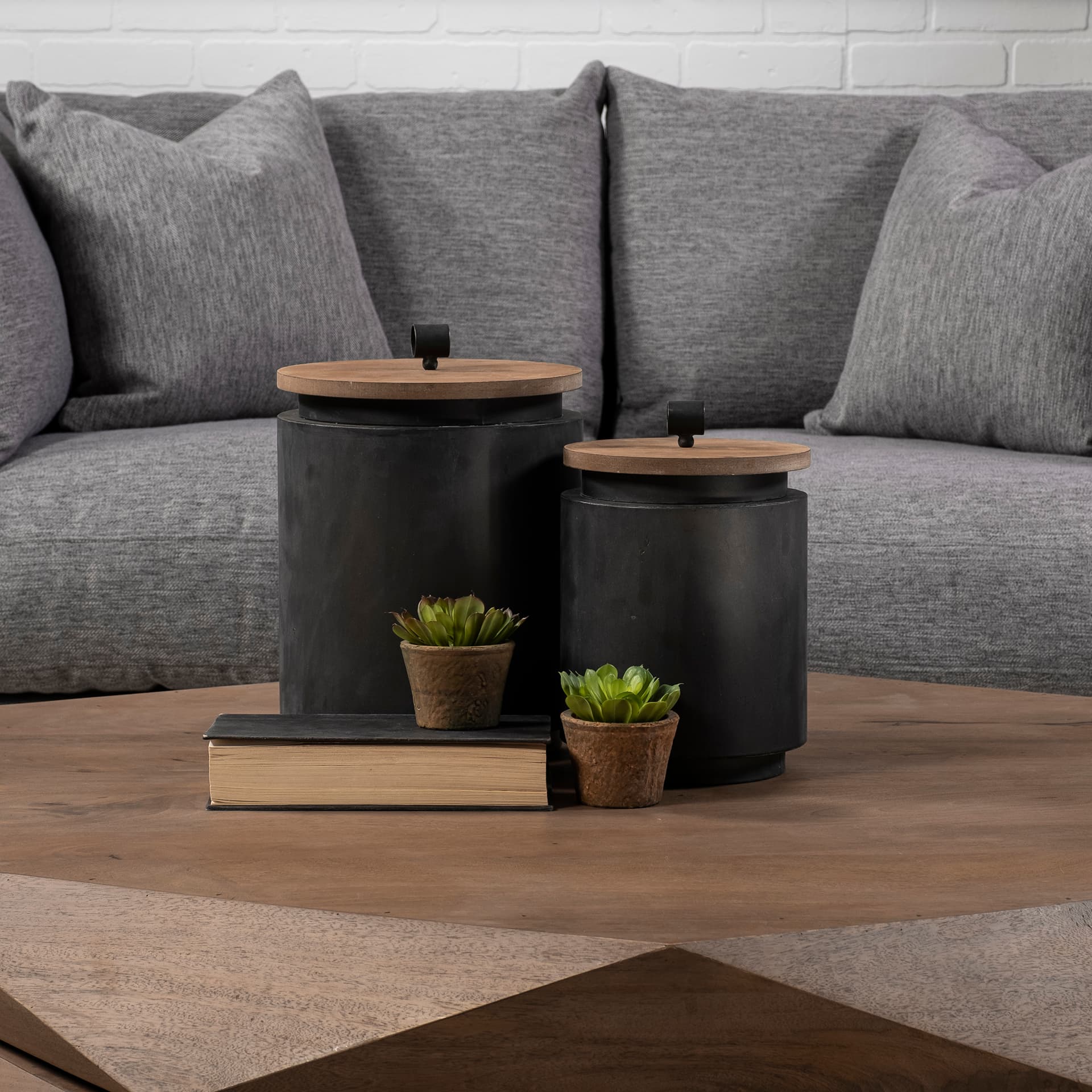 Cyril (Set of 2) Gray Metal W/ Brown Wood Lids Jars — product photograph
