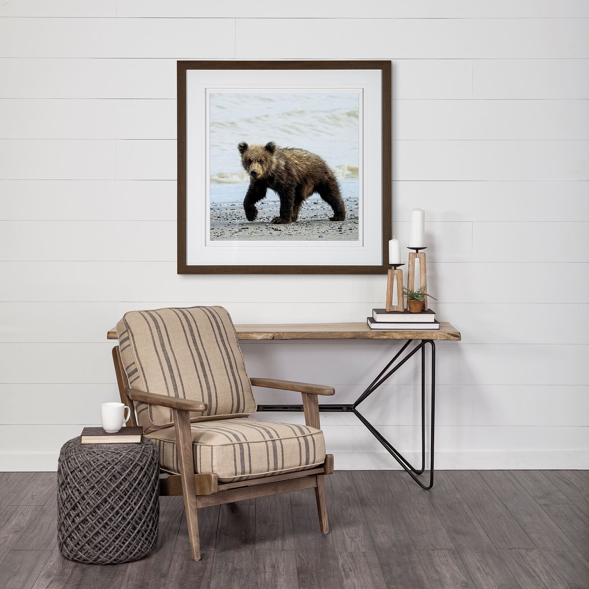 Curious Cub by Wink Gaines a Hand Embellished Textured Framed Art Photograph Matted under Glass — in a styled room