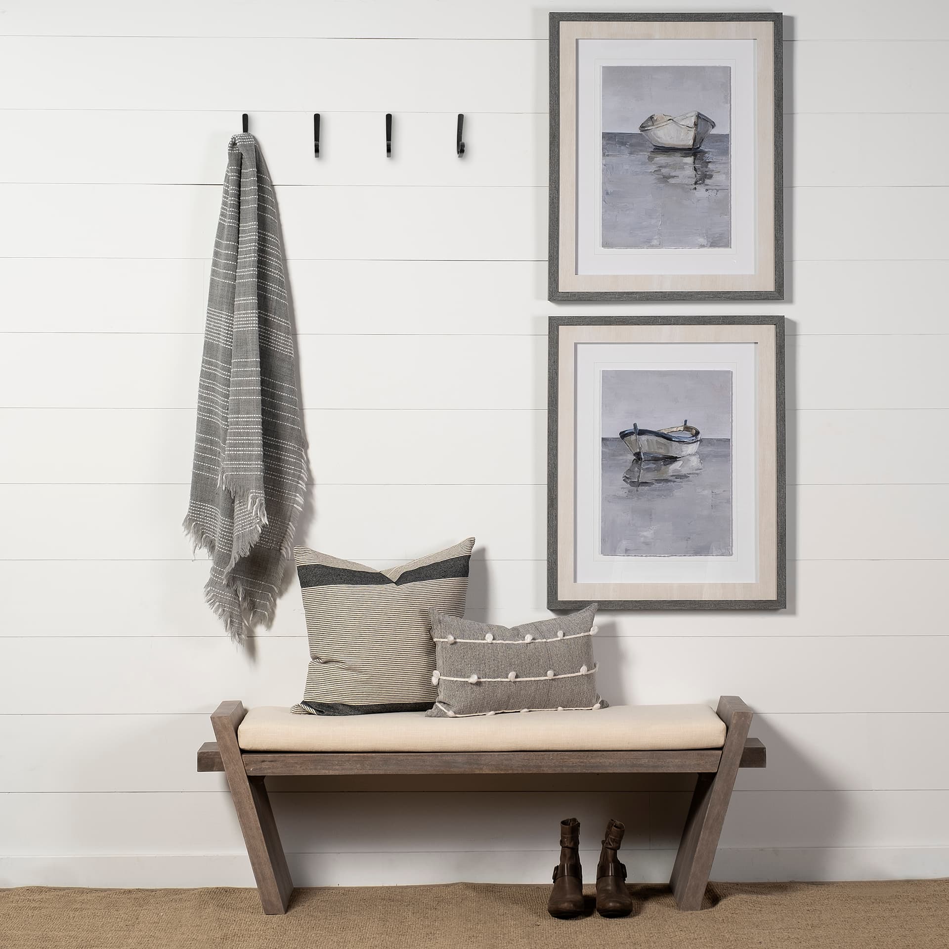 Elaine I 58L x 14.75W x 20H Brown Wood Upholstered Cream Seat Entryway Bench — in a styled room