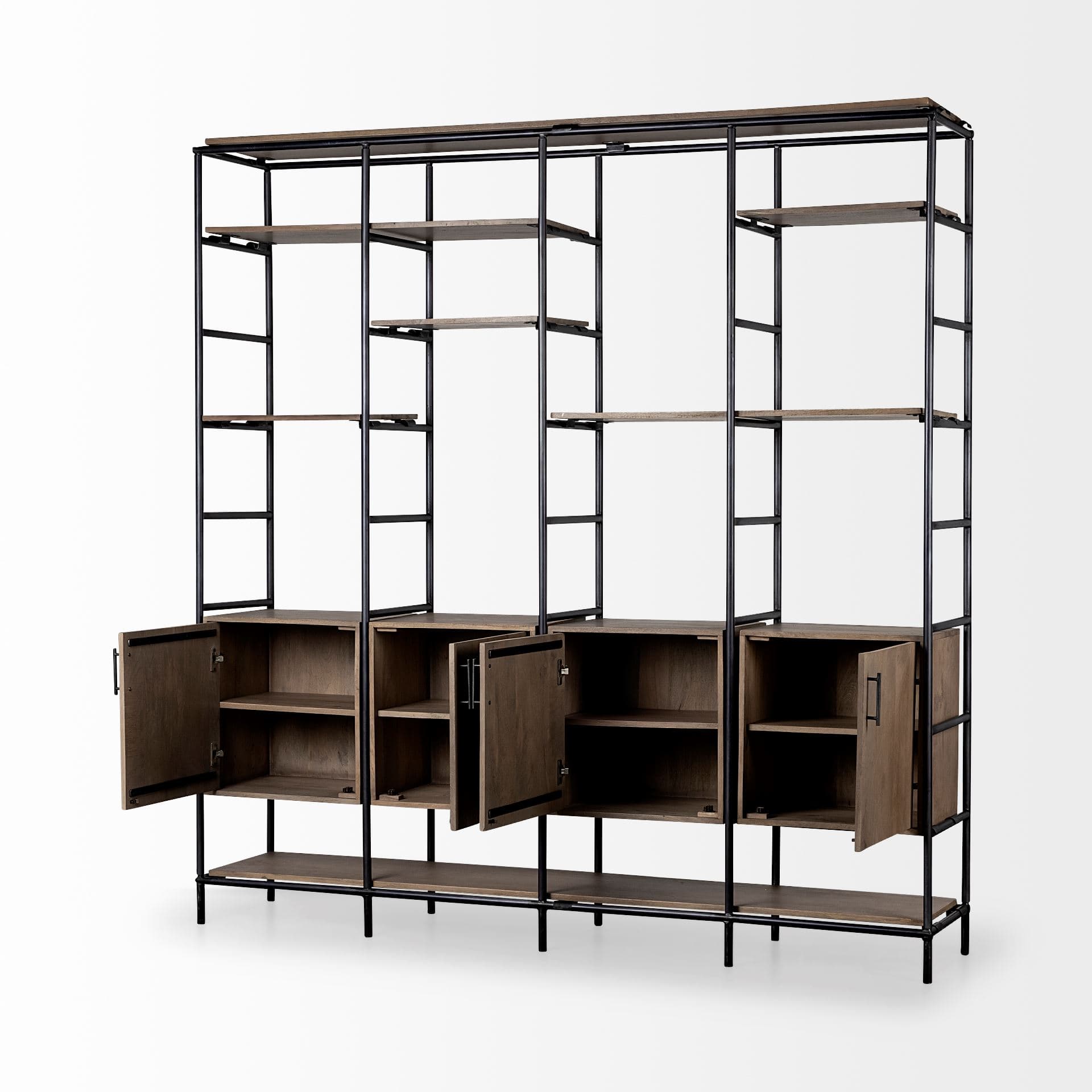 Darius 82L x 16.5W x 90H Medium Brown Wood and Metal Multi-Shelf Shelving Unit — product photograph